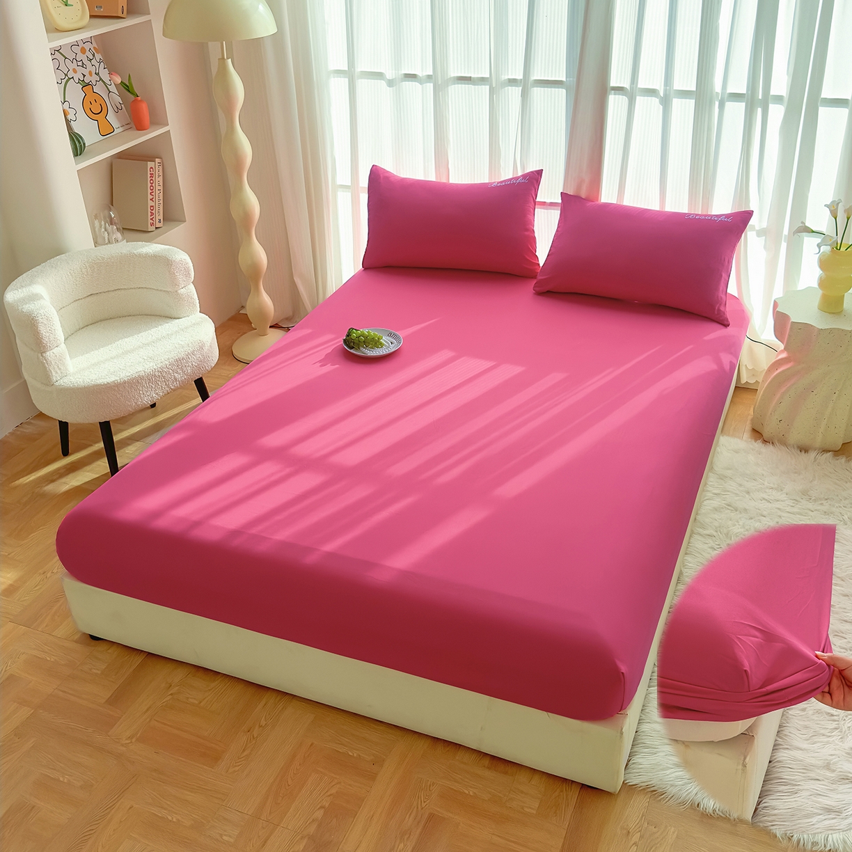 91家纺网 家纺一手货源 找家纺 灿哈 2025新款烫钻蕾丝花边水洗棉四件套 玫瑰红