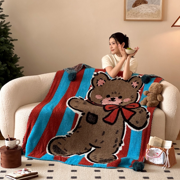 91家纺网 家纺一手货源 找家纺 Sweet dreams甜梦 2025新款轻奢高端毛球款半边绒针织毛毯 蝴蝶结小熊