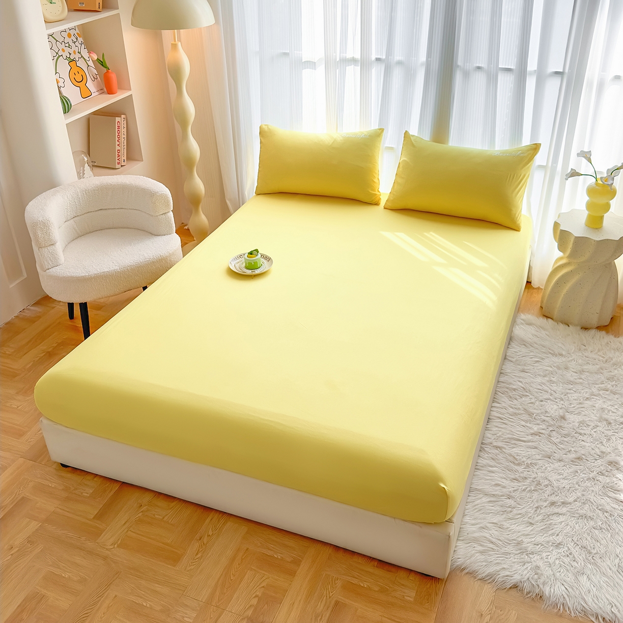 91家纺网 家纺一手货源 找家纺 灿哈 2025新款烫钻蕾丝花边水洗棉四件套 柠檬黄