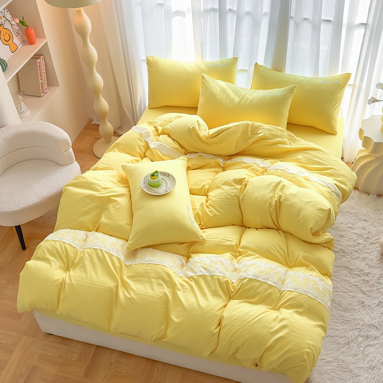 91家纺网 家纺一手货源 找家纺 灿哈 2025新款烫钻蕾丝花边水洗棉四件套 柠檬黄