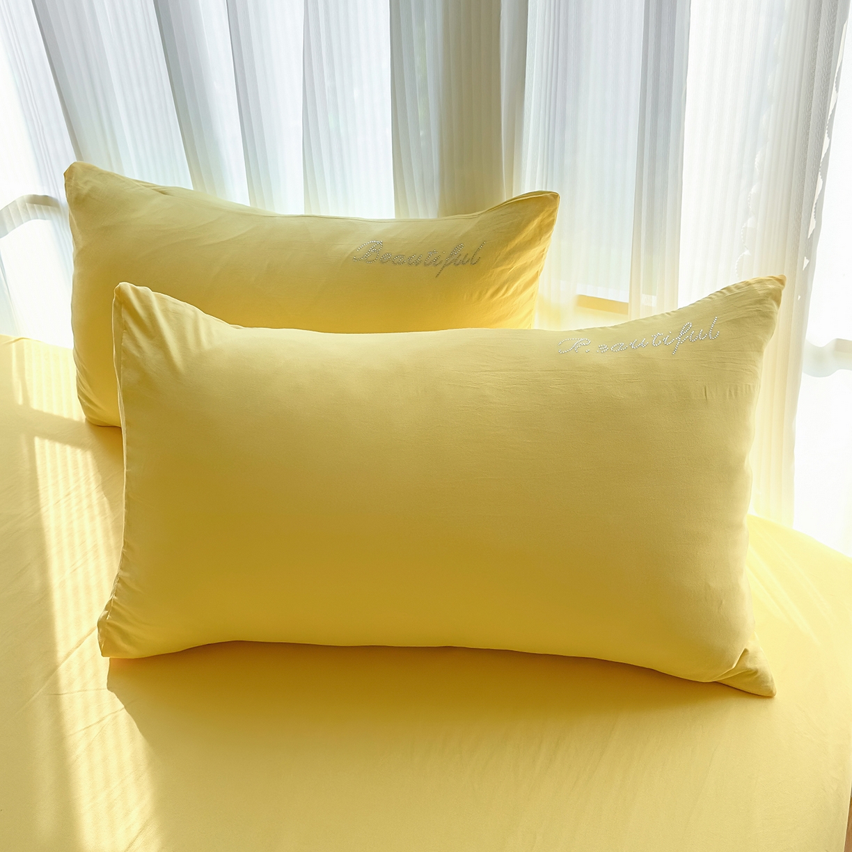 91家纺网 家纺一手货源 找家纺 灿哈 2025新款烫钻蕾丝花边水洗棉四件套 柠檬黄