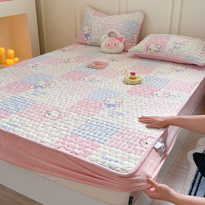 Sweet dreams甜梦 2025新款高克重牛奶绒印花夹棉床笠 粉色猫猫