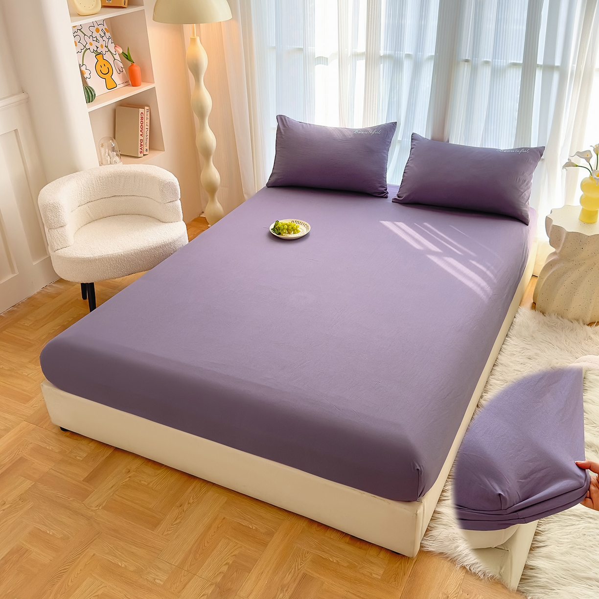 91家纺网 家纺一手货源 找家纺 灿哈 2025新款烫钻蕾丝花边水洗棉四件套 葡萄紫