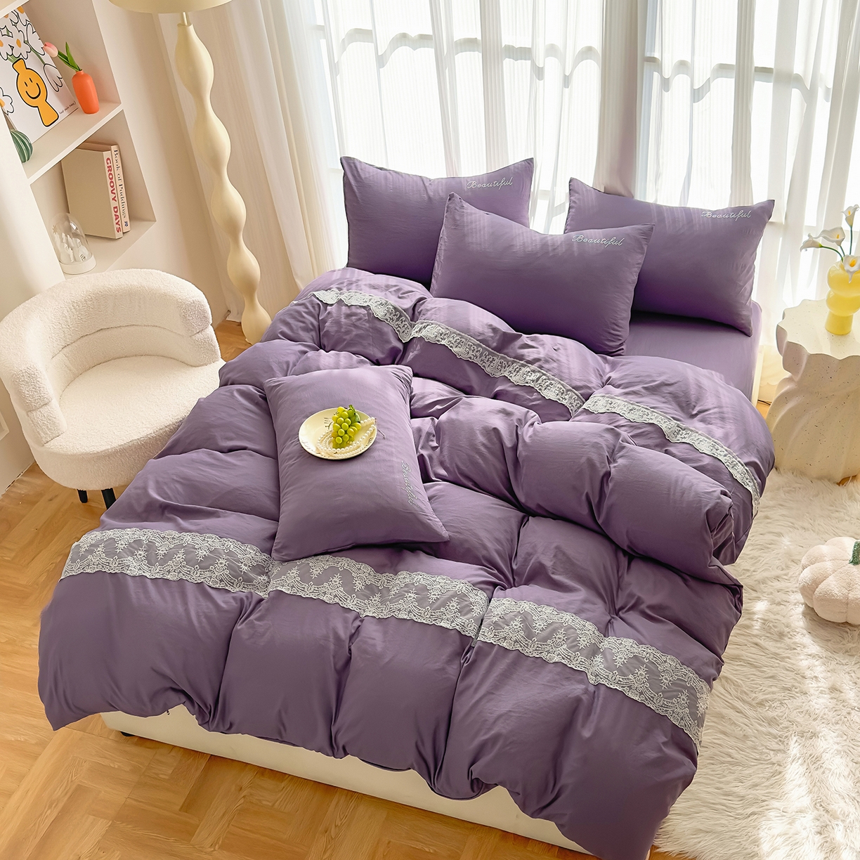 91家纺网 家纺一手货源 找家纺 灿哈 2025新款烫钻蕾丝花边水洗棉四件套 葡萄紫