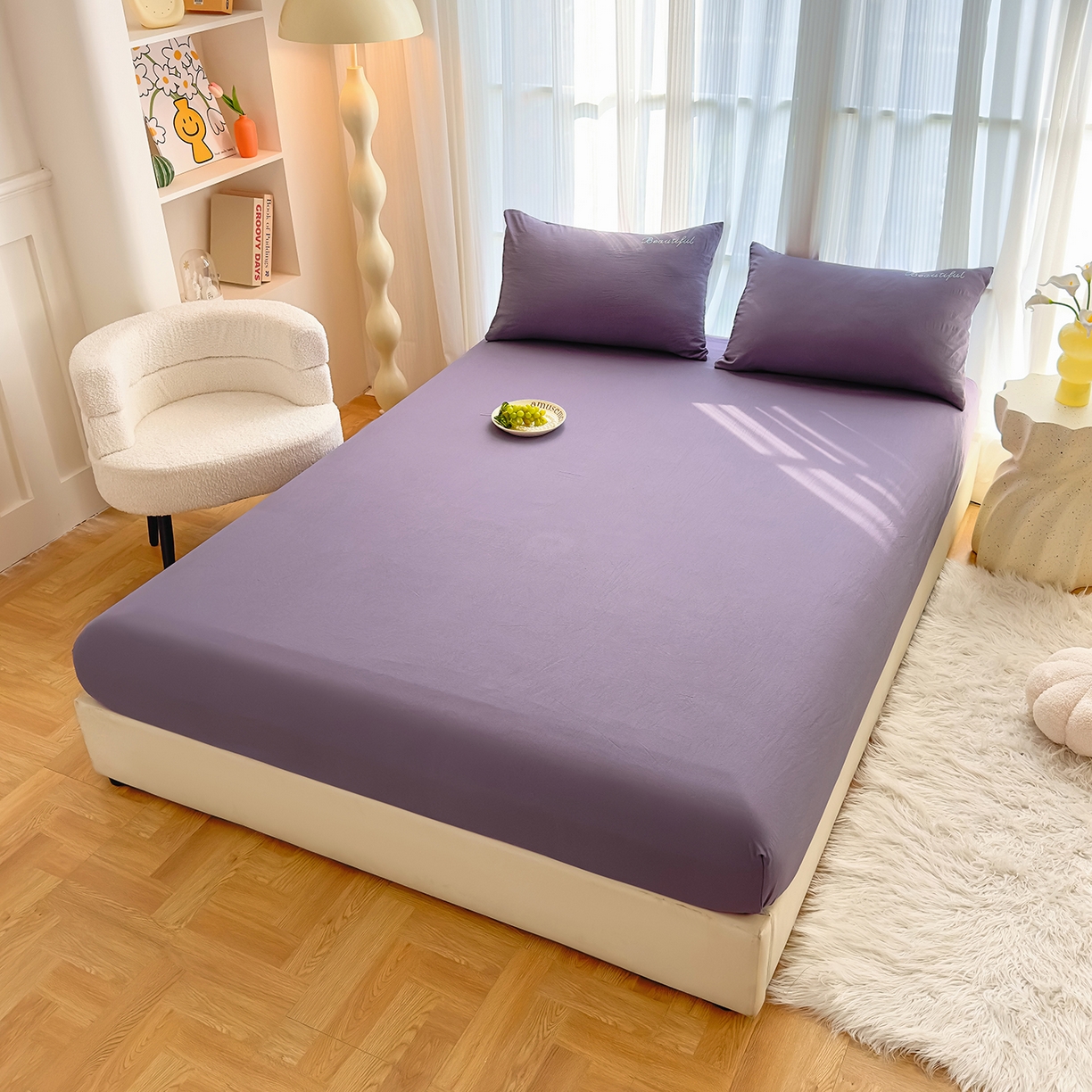 91家纺网 家纺一手货源 找家纺 灿哈 2025新款烫钻蕾丝花边水洗棉四件套 葡萄紫