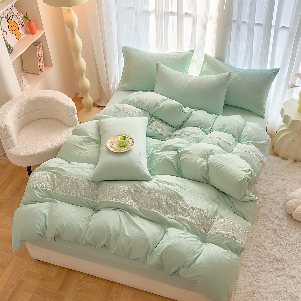 91家纺网 家纺一手货源 找家纺 灿哈 2025新款烫钻蕾丝花边水洗棉四件套 清脆绿