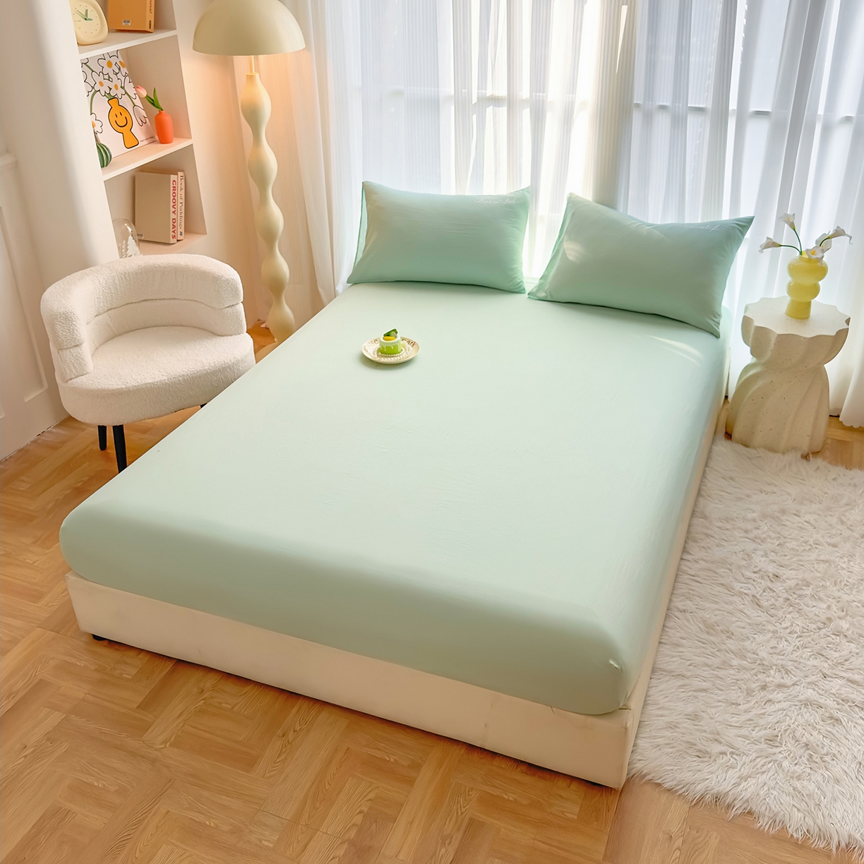 91家纺网 家纺一手货源 找家纺 灿哈 2025新款烫钻蕾丝花边水洗棉四件套 清脆绿