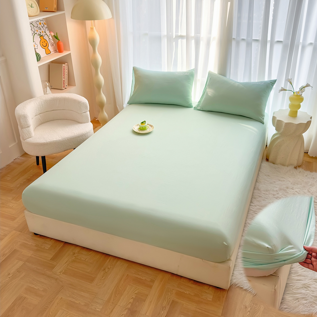 91家纺网 家纺一手货源 找家纺 灿哈 2025新款烫钻蕾丝花边水洗棉四件套 清脆绿