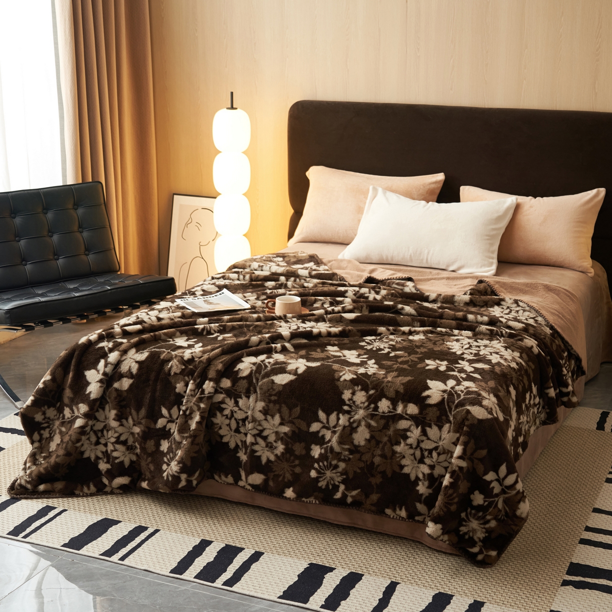 91家纺网 家纺一手货源 找家纺 晨曦家纺 2025新款兔毛绒海獭绒双层毛毯三角针复合毛毯 幽梦咖