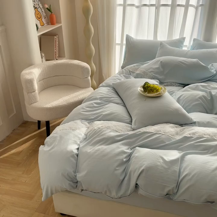 91家纺网 家纺一手货源 找家纺 灿哈 2025新款烫钻蕾丝花边水洗棉四件套 清脆绿