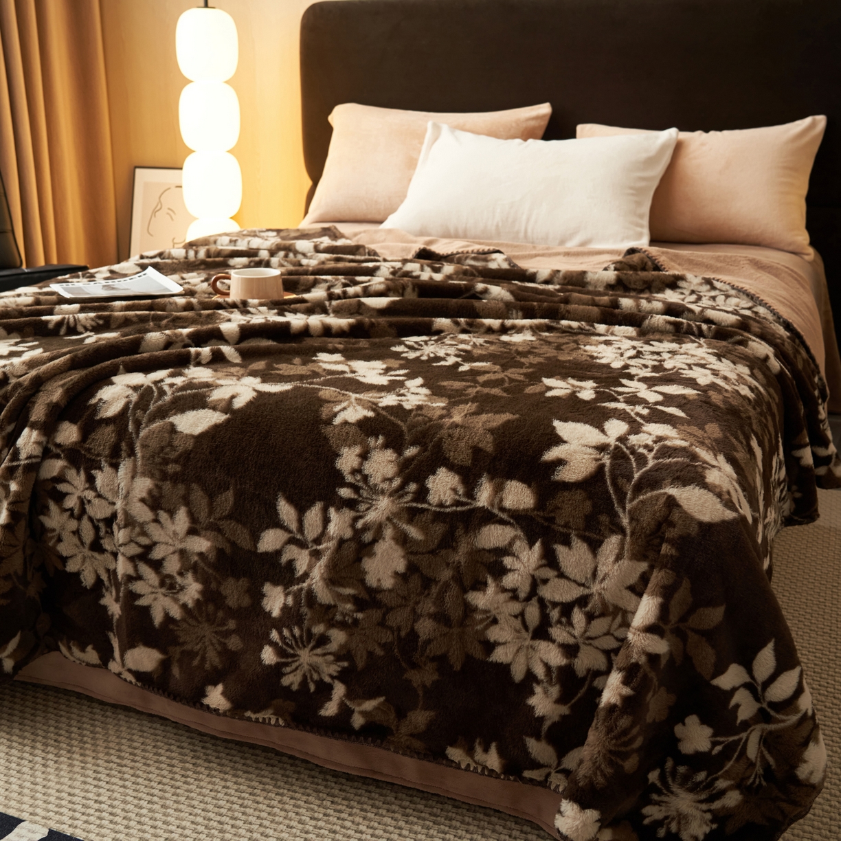 91家纺网 家纺一手货源 找家纺 晨曦家纺 2025新款兔毛绒海獭绒双层毛毯三角针复合毛毯 幽梦咖