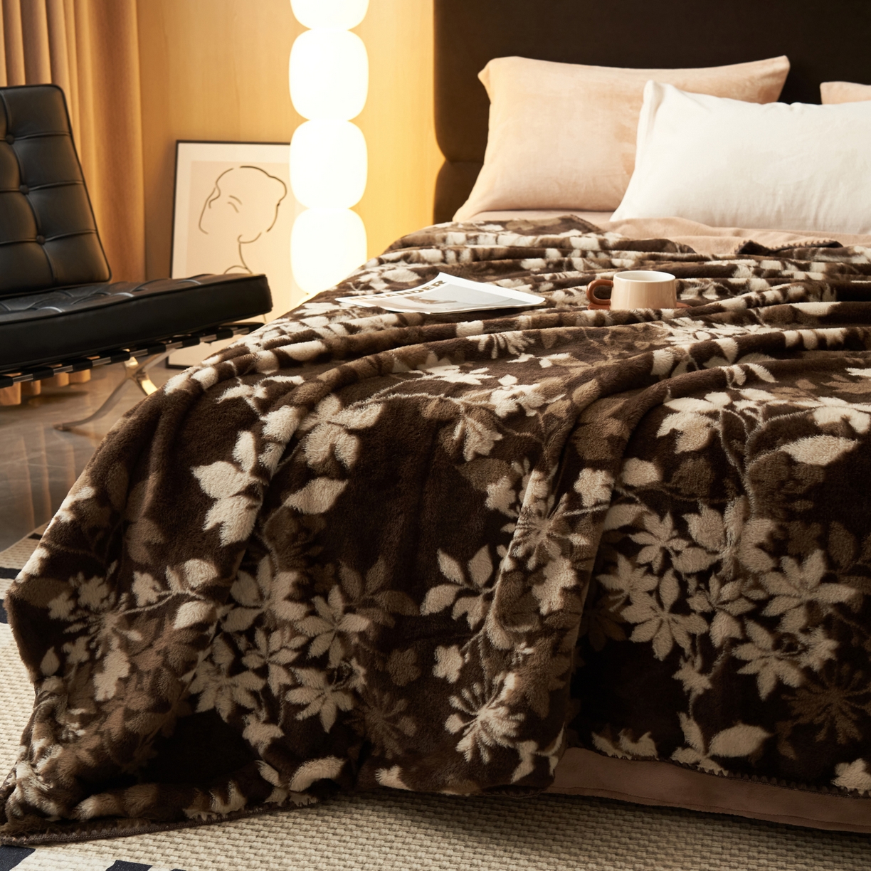 91家纺网 家纺一手货源 找家纺 晨曦家纺 2025新款兔毛绒海獭绒双层毛毯三角针复合毛毯 幽梦咖