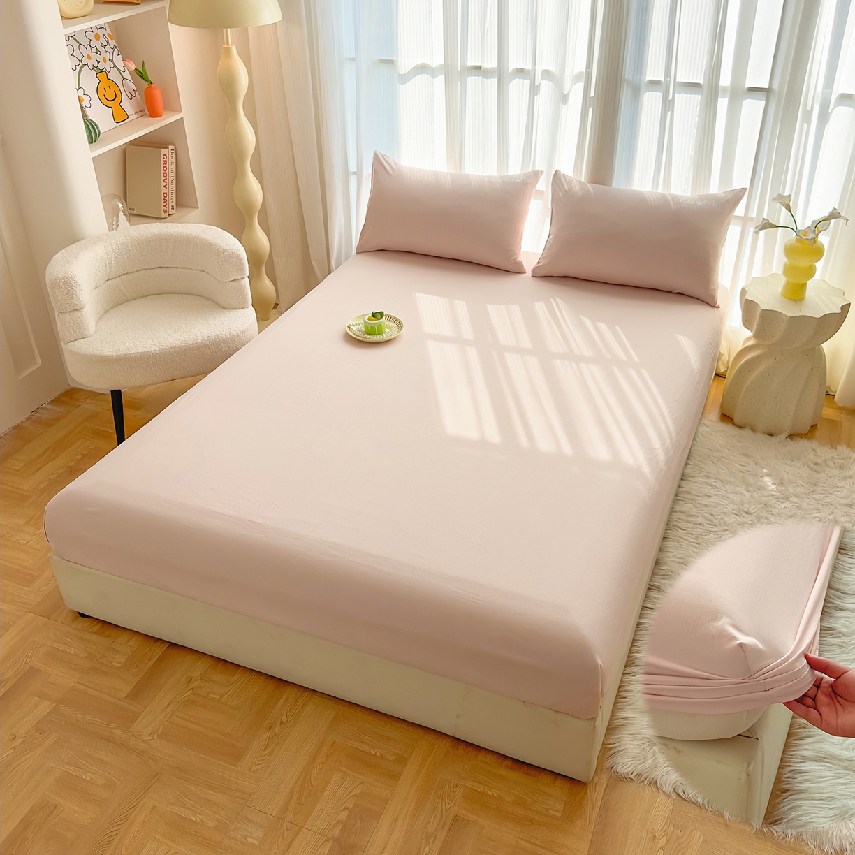 91家纺网 家纺一手货源 找家纺 灿哈 2025新款烫钻蕾丝花边水洗棉四件套 胭脂玉