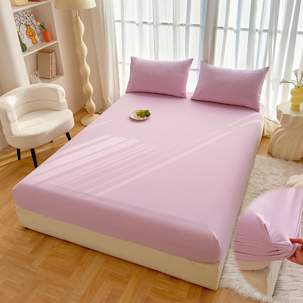 91家纺网 家纺一手货源 找家纺 灿哈 2025新款烫钻蕾丝花边水洗棉四件套 樱花粉