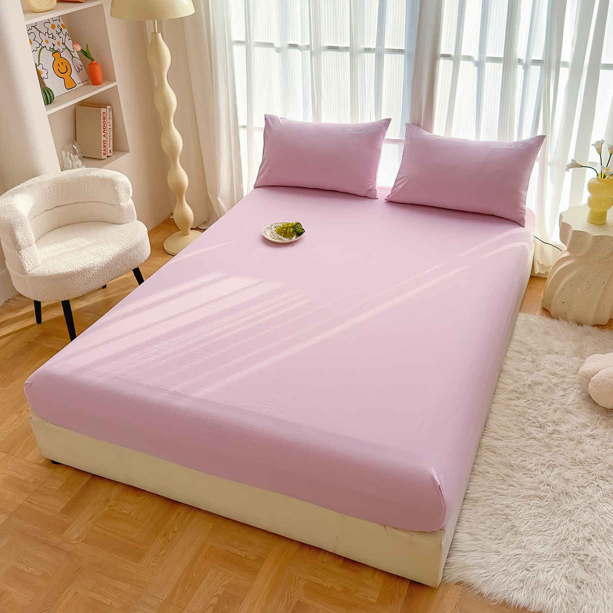 91家纺网 家纺一手货源 找家纺 灿哈 2025新款烫钻蕾丝花边水洗棉四件套 樱花粉