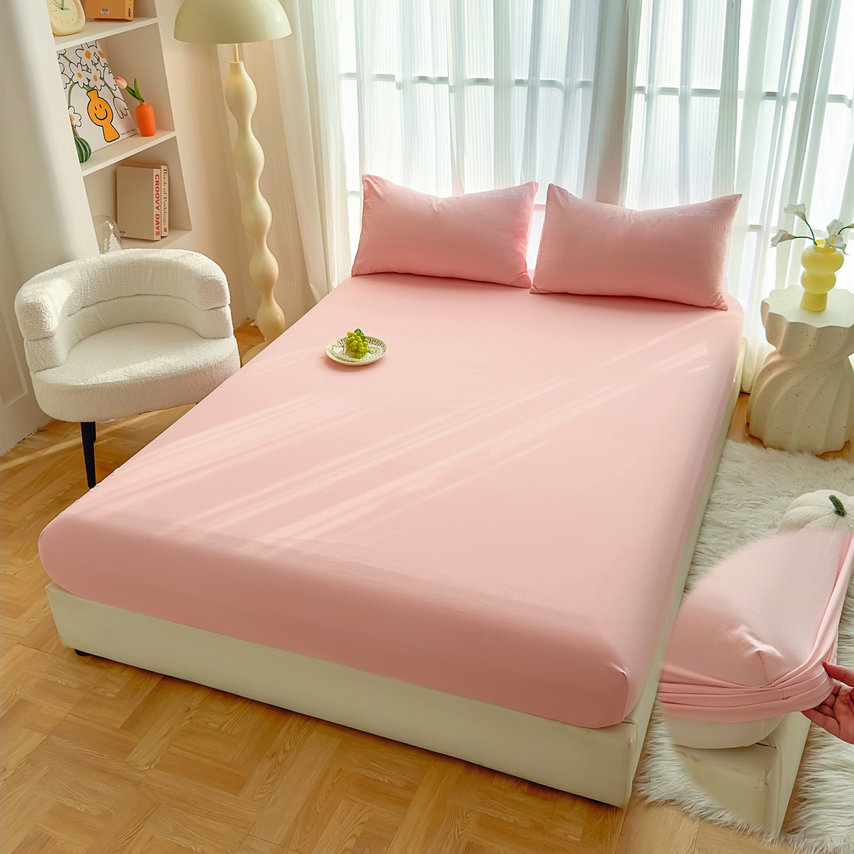 91家纺网 家纺一手货源 找家纺 灿哈 2025新款烫钻蕾丝花边水洗棉四件套 樱桃玉