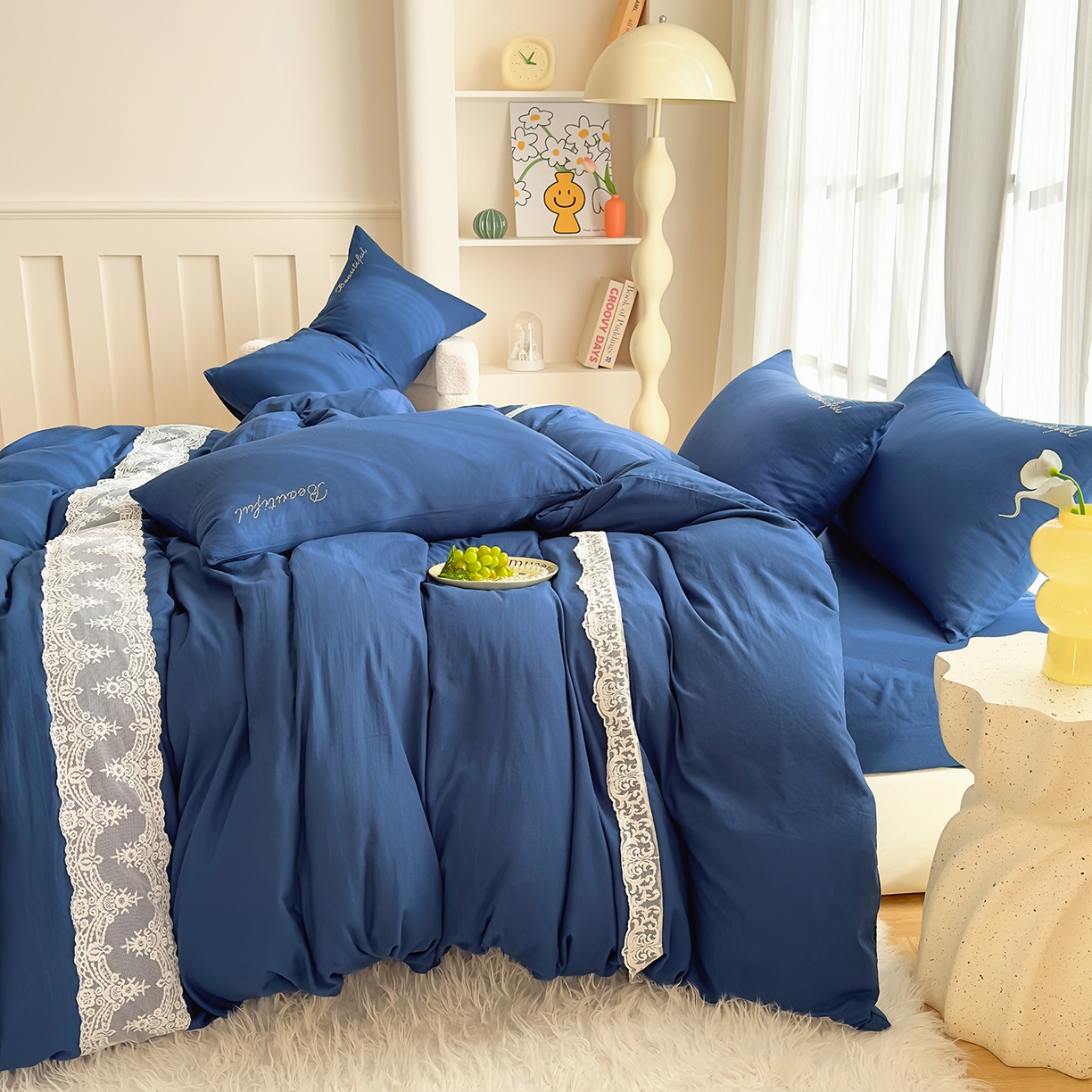 91家纺网 家纺一手货源 找家纺 （总）灿哈 2025新款烫钻蕾丝花边水洗棉四件套