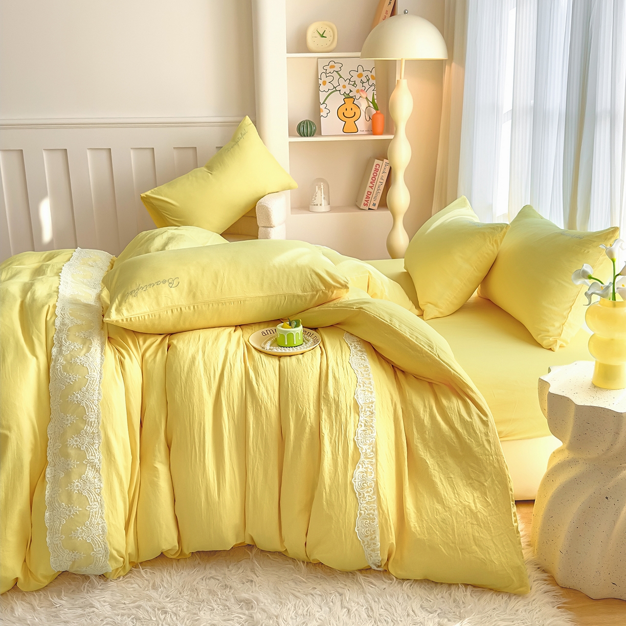 91家纺网 家纺一手货源 找家纺 （总）灿哈 2025新款烫钻蕾丝花边水洗棉四件套