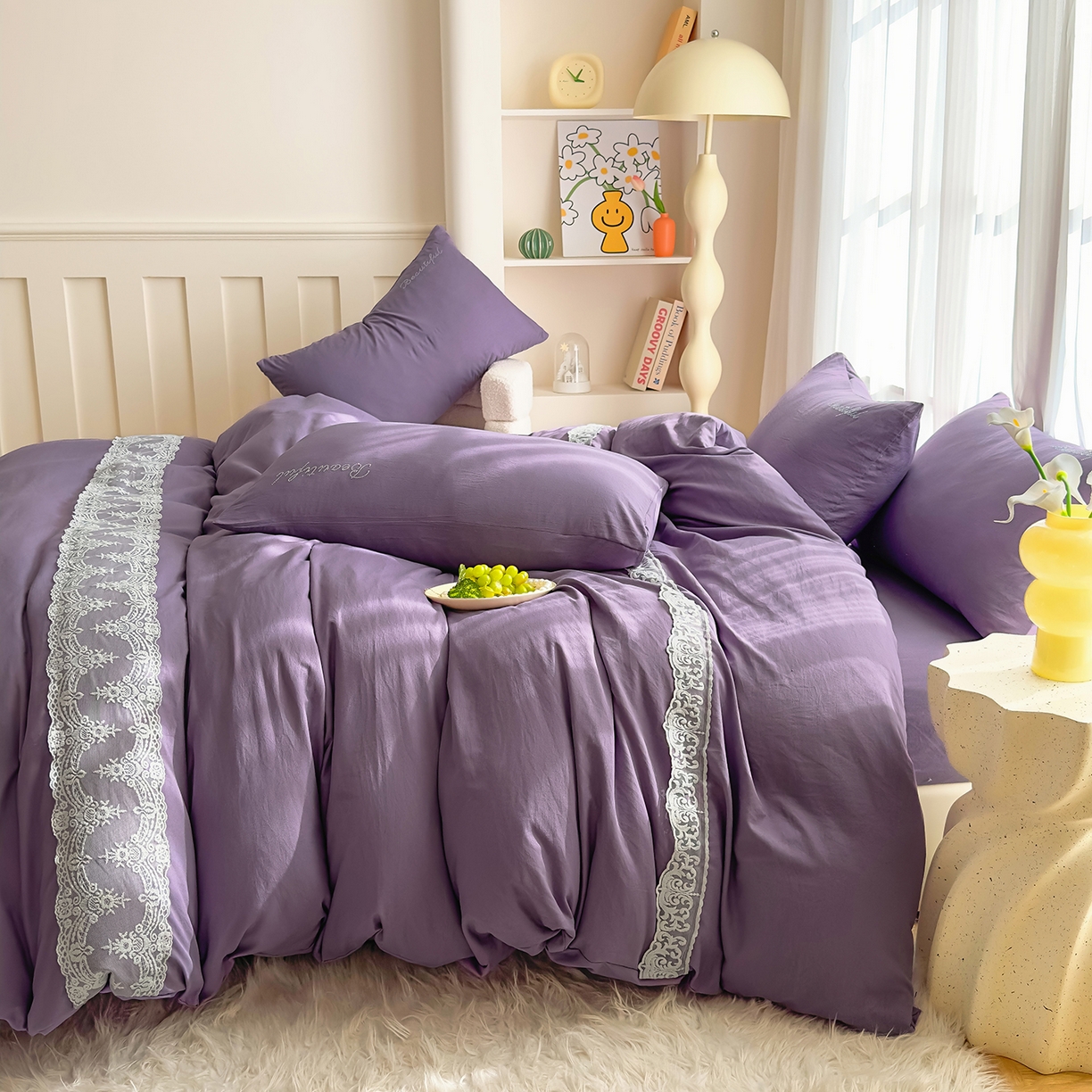 91家纺网 家纺一手货源 找家纺 （总）灿哈 2025新款烫钻蕾丝花边水洗棉四件套