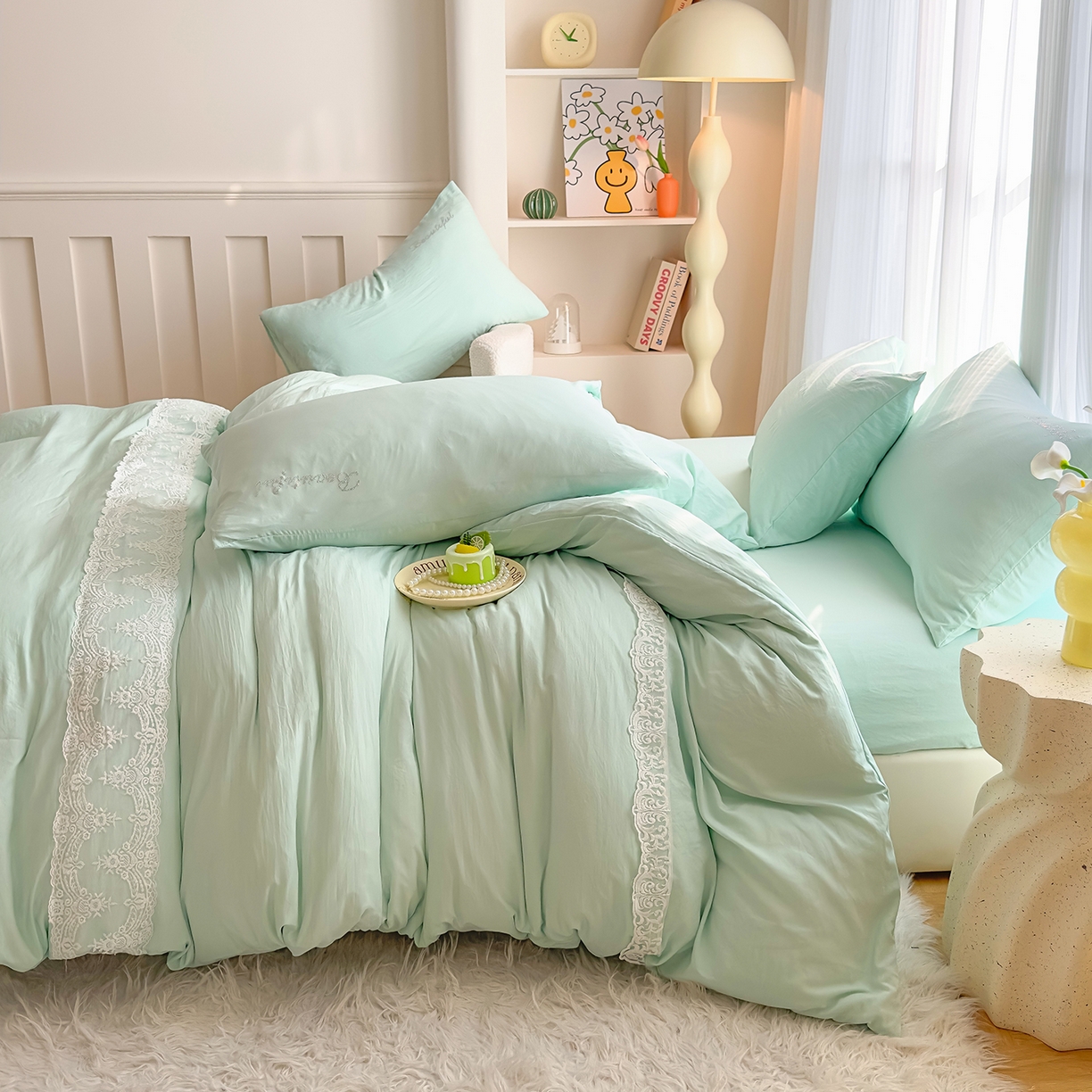 91家纺网 家纺一手货源 找家纺 （总）灿哈 2025新款烫钻蕾丝花边水洗棉四件套