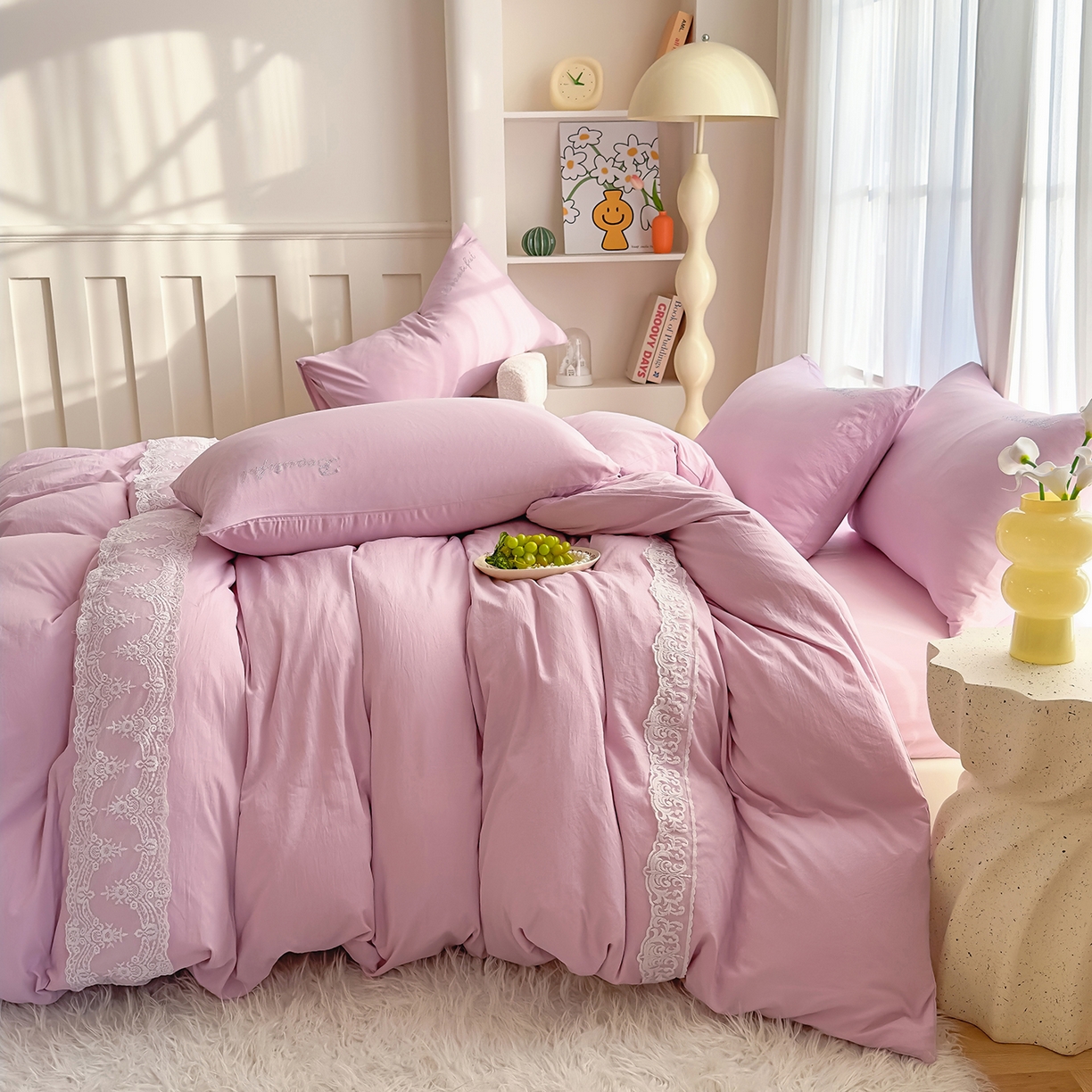 91家纺网 家纺一手货源 找家纺 （总）灿哈 2025新款烫钻蕾丝花边水洗棉四件套