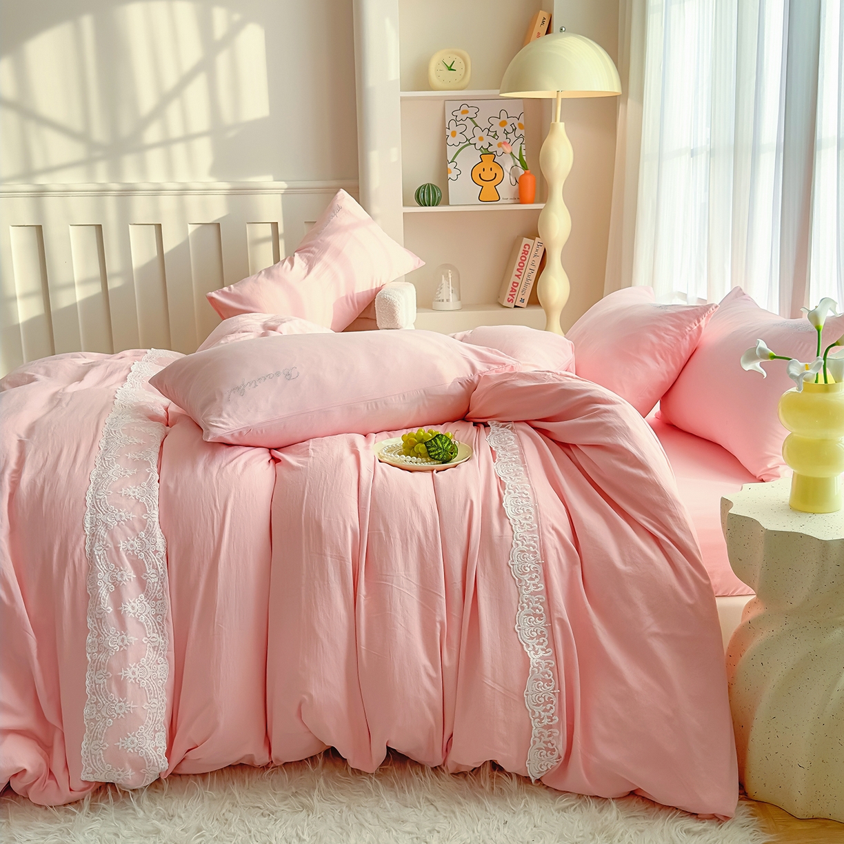 91家纺网 家纺一手货源 找家纺 （总）灿哈 2025新款烫钻蕾丝花边水洗棉四件套