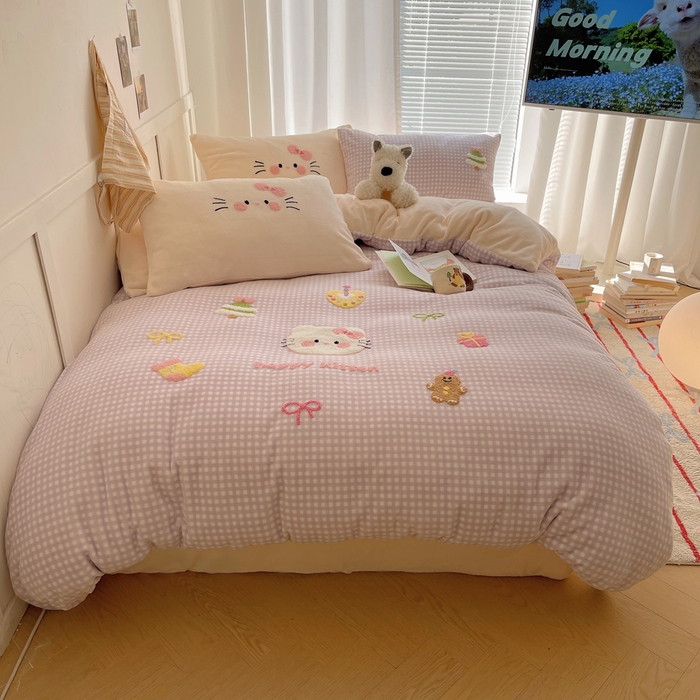 顾里家纺 2025新款韩系圣诞腊肠狗毛巾绣牛奶绒套件 紫圣诞猫