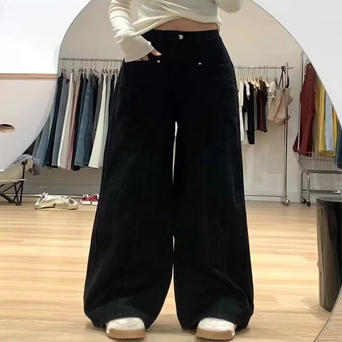 洛兰沙家居馆【只代发】【只代发】 2025新款只代发  批发牛仔裤米杏色阔腿休闲工装裤女春季新款设计感高腰宽松显瘦直筒牛仔裤子 黑色