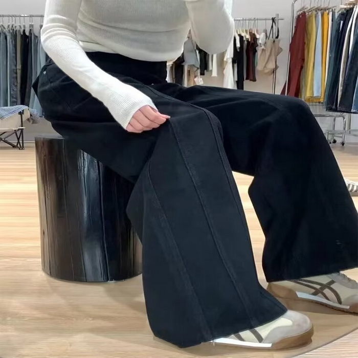 91家纺网 家纺一手货源 找家纺 洛兰沙家居馆【只代发】【只代发】 2025新款只代发  批发牛仔裤米杏色阔腿休闲工装裤女春季新款设计感高腰宽松显瘦直筒牛仔裤子 黑色