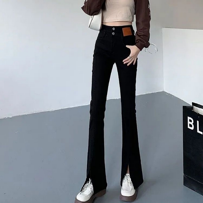 91家纺网 家纺一手货源 找家纺 （总）洛兰沙家居馆【只代发】【只代发】 2025新款只代发黑色微喇叭开叉牛仔裤女秋冬季设计感小众高腰显瘦直筒小个子裤子批发12