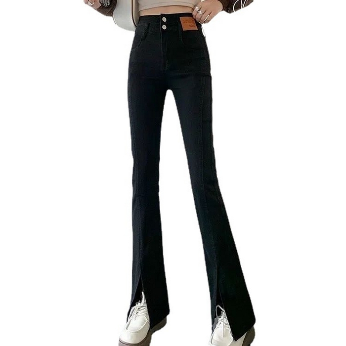 91家纺网 家纺一手货源 找家纺 （总）洛兰沙家居馆【只代发】【只代发】 2025新款只代发黑色微喇叭开叉牛仔裤女秋冬季设计感小众高腰显瘦直筒小个子裤子批发12