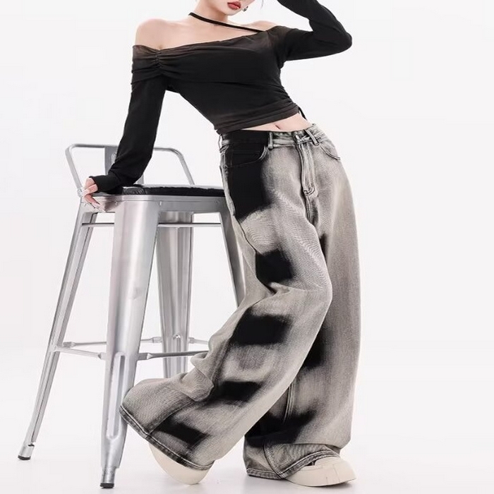 91家纺网 家纺一手货源 找家纺 （总）洛兰沙家居馆【只代发】【只代发】 2025新款只代发 美式复古扎染渐变牛仔裤女2025春秋季新款百搭高腰显瘦阔腿拖地裤批发13