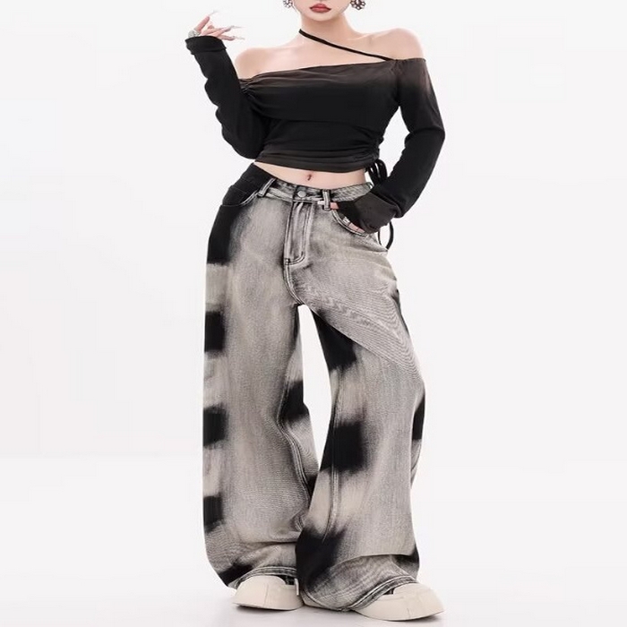 91家纺网 家纺一手货源 找家纺 （总）洛兰沙家居馆【只代发】【只代发】 2025新款只代发 美式复古扎染渐变牛仔裤女2025春秋季新款百搭高腰显瘦阔腿拖地裤批发13