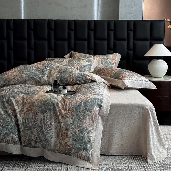 91家纺网 家纺一手货源 找家纺 家居1号 2025新款四季款活性数码印花 纯棉亚麻四件套 南洋焦影-蓝色