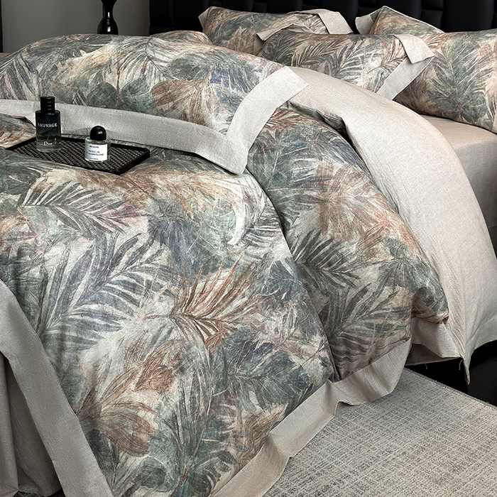 91家纺网 家纺一手货源 找家纺 家居1号 2025新款四季款活性数码印花 纯棉亚麻四件套 南洋焦影-蓝色