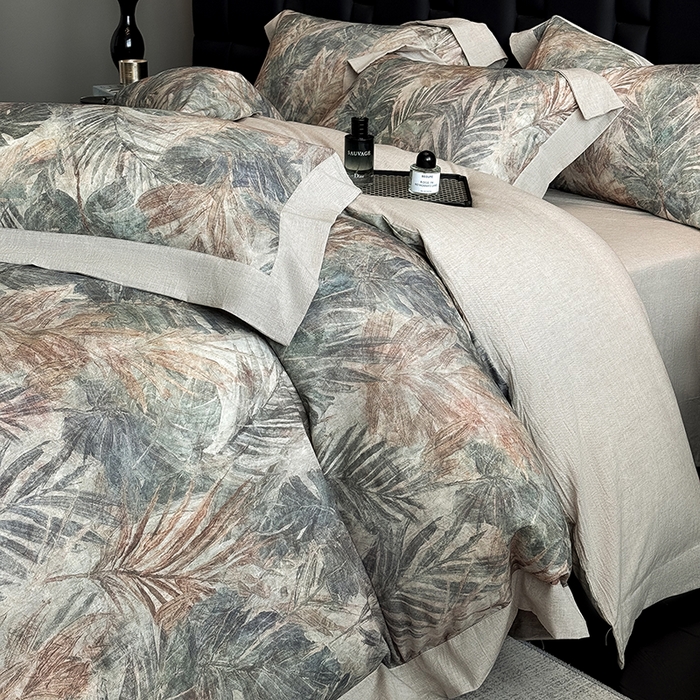 91家纺网 家纺一手货源 找家纺 家居1号 2025新款四季款活性数码印花 纯棉亚麻四件套 南洋焦影-蓝色