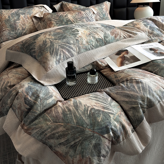 91家纺网 家纺一手货源 找家纺 家居1号 2025新款四季款活性数码印花 纯棉亚麻四件套 南洋焦影-蓝色