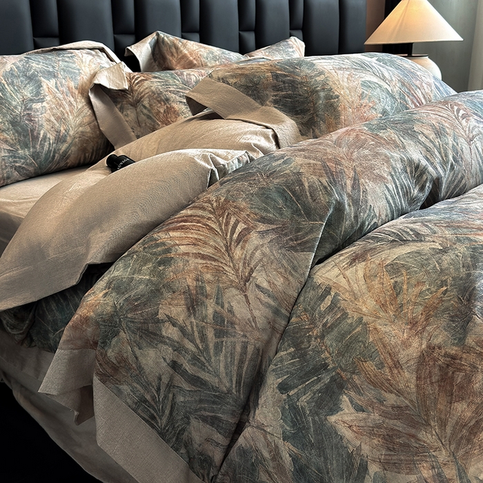 91家纺网 家纺一手货源 找家纺 家居1号 2025新款四季款活性数码印花 纯棉亚麻四件套 南洋焦影-蓝色