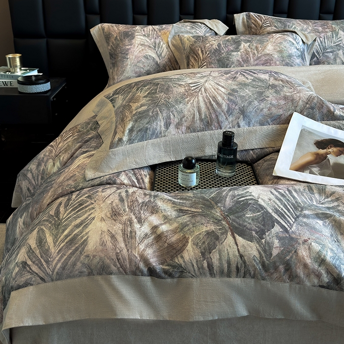 91家纺网 家纺一手货源 找家纺 家居1号 2025新款四季款活性数码印花 纯棉亚麻四件套 南洋焦影-紫色