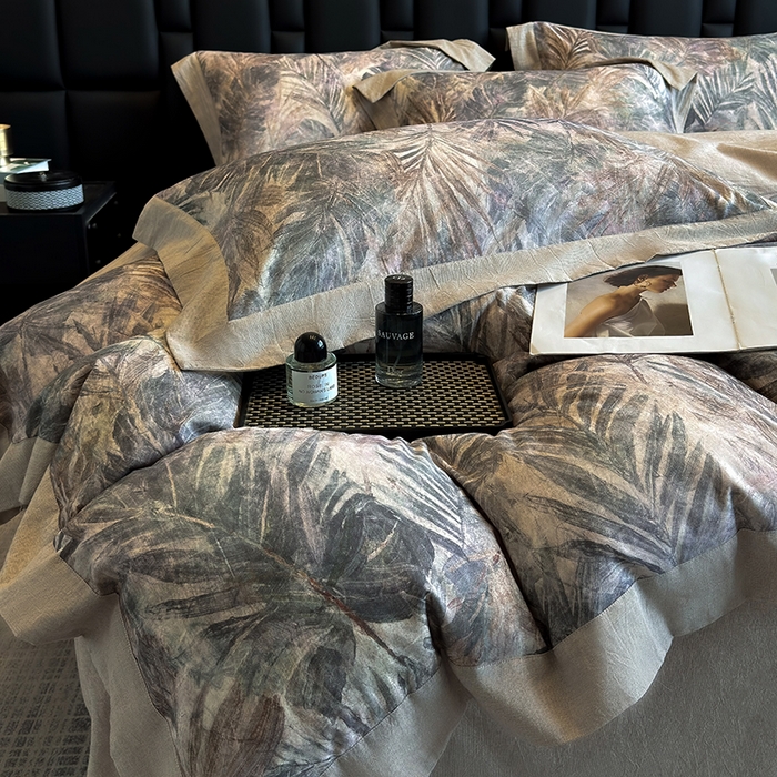 91家纺网 家纺一手货源 找家纺 家居1号 2025新款四季款活性数码印花 纯棉亚麻四件套 南洋焦影-紫色