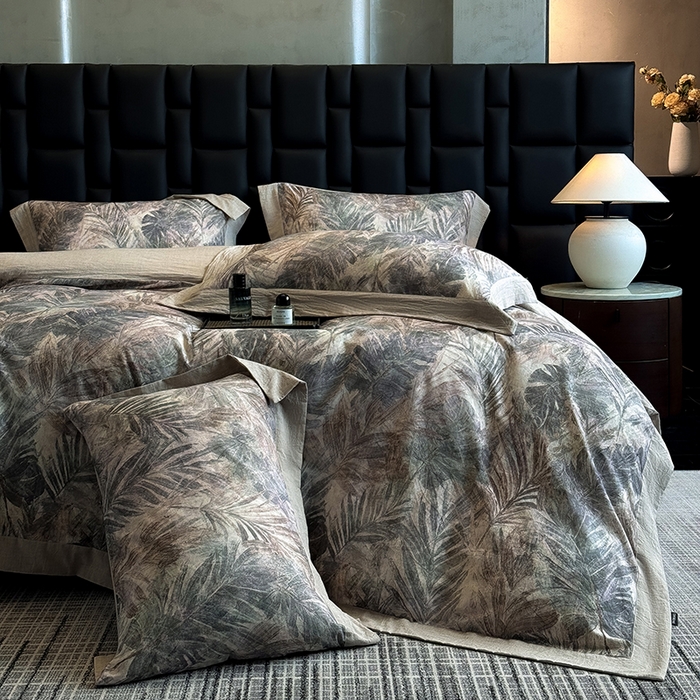 91家纺网 家纺一手货源 找家纺 家居1号 2025新款四季款活性数码印花 纯棉亚麻四件套 南洋焦影-紫色