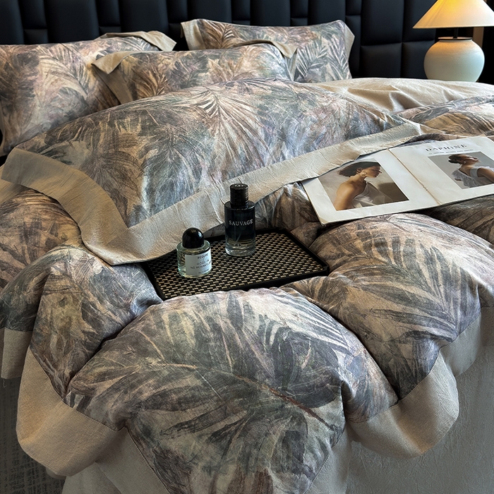 91家纺网 家纺一手货源 找家纺 家居1号 2025新款四季款活性数码印花 纯棉亚麻四件套 南洋焦影-紫色