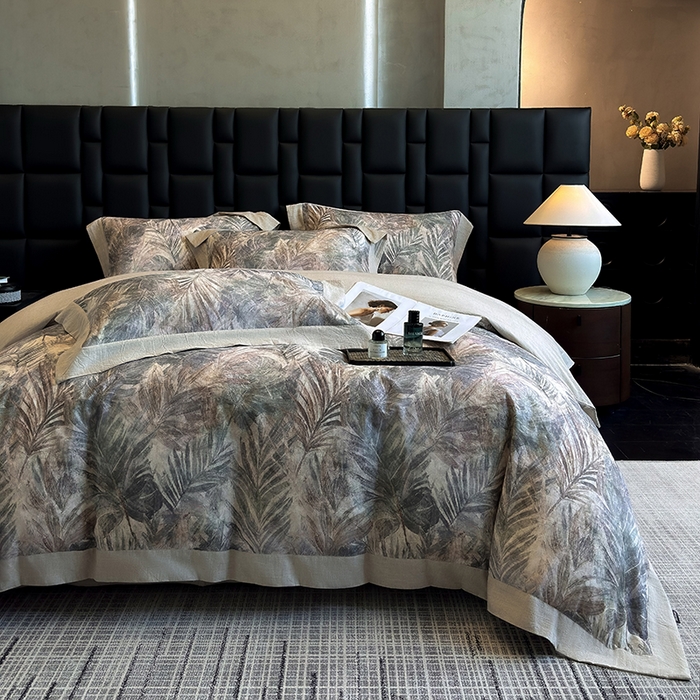 91家纺网 家纺一手货源 找家纺 家居1号 2025新款四季款活性数码印花 纯棉亚麻四件套 南洋焦影-紫色