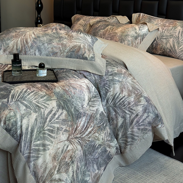 91家纺网 家纺一手货源 找家纺 家居1号 2025新款四季款活性数码印花 纯棉亚麻四件套 南洋焦影-紫色