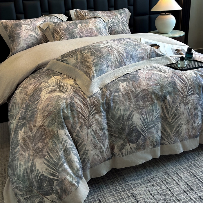 91家纺网 家纺一手货源 找家纺 家居1号 2025新款四季款活性数码印花 纯棉亚麻四件套 南洋焦影-紫色