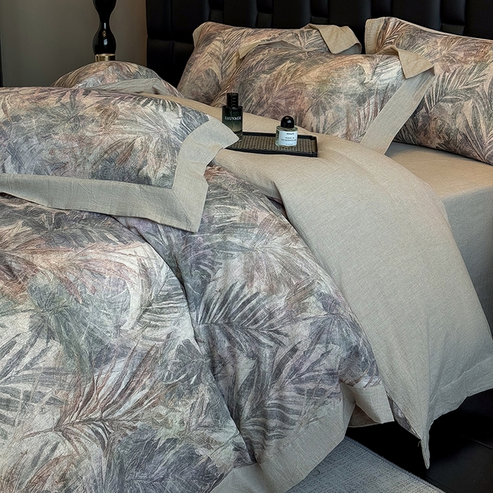 91家纺网 家纺一手货源 找家纺 家居1号 2025新款四季款活性数码印花 纯棉亚麻四件套 南洋焦影-紫色