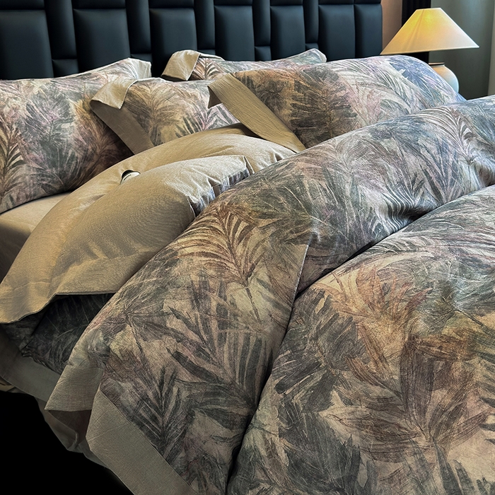 91家纺网 家纺一手货源 找家纺 家居1号 2025新款四季款活性数码印花 纯棉亚麻四件套 南洋焦影-紫色