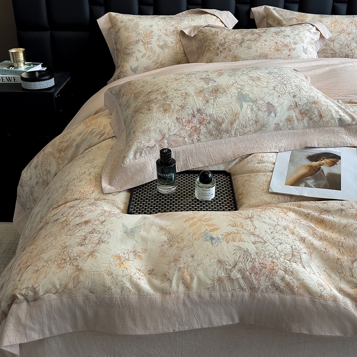 91家纺网 家纺一手货源 找家纺 家居1号 2025新款四季款活性数码印花 纯棉亚麻四件套 青逸花蝶-卡其