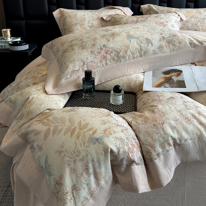 91家纺网 家纺一手货源 找家纺 家居1号 2025新款四季款活性数码印花 纯棉亚麻四件套 青逸花蝶-卡其