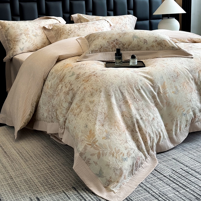 91家纺网 家纺一手货源 找家纺 家居1号 2025新款四季款活性数码印花 纯棉亚麻四件套 青逸花蝶-卡其